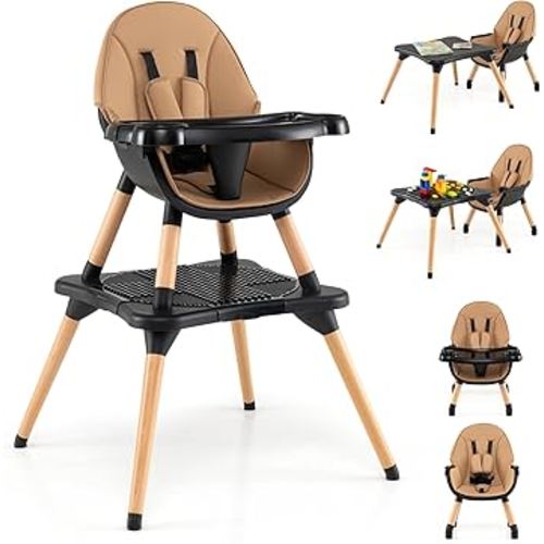 HONEY JOY Baby High Chair, 6-in-1 Convertible Wooden Highchair for Babies and Toddlers/Building Block Table, Toddler Dining Chair w/Safety Harness, Removable Feeding Tray & Seat Cushion (Coffee)