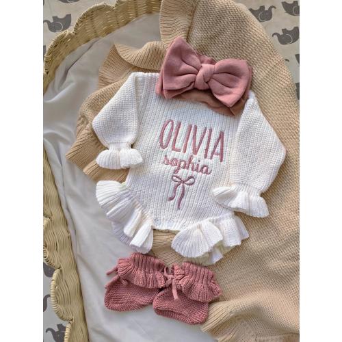 embroider baby knit ruffle chunky knit romper personalize newborn outfit bow booties announcement photo  coming home outfit shower gift idea