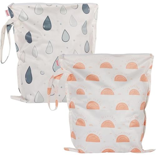 HECCEI Wet Dry Bag, 2-Pack Reusable Waterproof Wet Bags for Swimsuits & Baby Clothes, Leakproof Cloth Diaper Wet Bags for Travel & Diaper Changes (Sunny Drizzle)