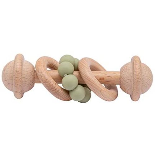 Wooden Baby Rattle Shake Toy Silicone Beads Teether Ring Grasping Teething Toys for Babies Toddlers, Matcha Green