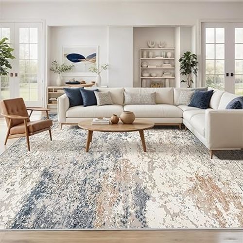 Art&Tuft Washable Rug, Anti-Slip Backing Abstract 8x10 Area Rugs, Stain Resistant Rugs for Living Room, Foldable Machine Washable Area Rug (8'x10', TPR18-Blue)