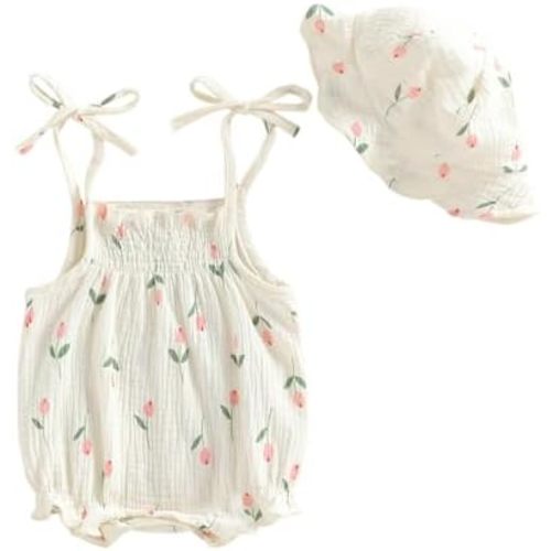 Newborn Baby Girl Floral Smocked Romper Spaghetti Strap Bodysuit with Sun Hat 3Pcs Set Infant Summer Outfit 0‑18M