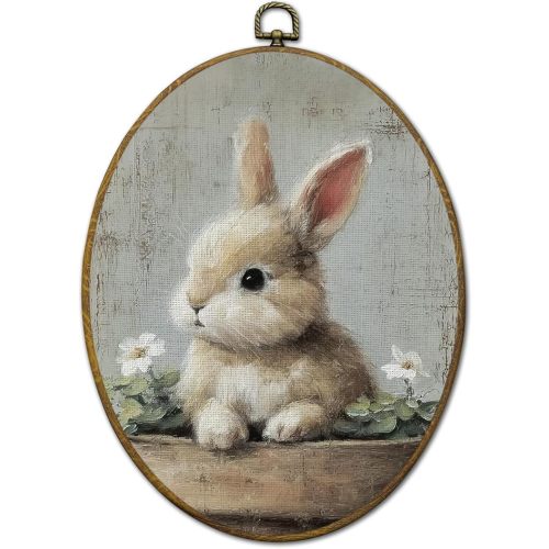 QZQE Vintage Easter Bunny Oval Wall Art Decor Framed, Cottagecore Spring Easter Bunny Oval Canvas Prints, Rustic Farmhouse Rabbit Wall Hanging Decor for Nursery Home Bedroom Living Room, 8.6x11.4 Inch