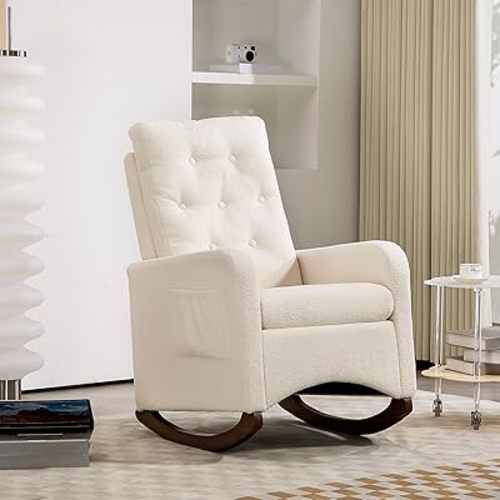 Nursery Glider Rocking Chair with Side Pocket, Modern Upholstered Swivel Rocker for Living Room & Bedroom, Ergonomic High Back & Sturdy Rubber Wood Frame, White