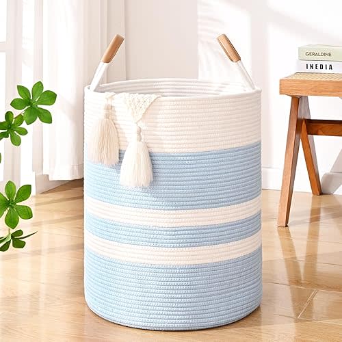 Large Laundry Basket, Laundry Hamper with Leather Handles, 60L Woven Dirty Clothes Hamper, Rope Hampers for Bedroom, Barthroom, Blue