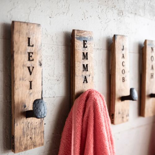 Personalized Towel Hanger Wall Hooks Made from Whiskey Barrel - Farmhouse Bathroom - Holtz Leather