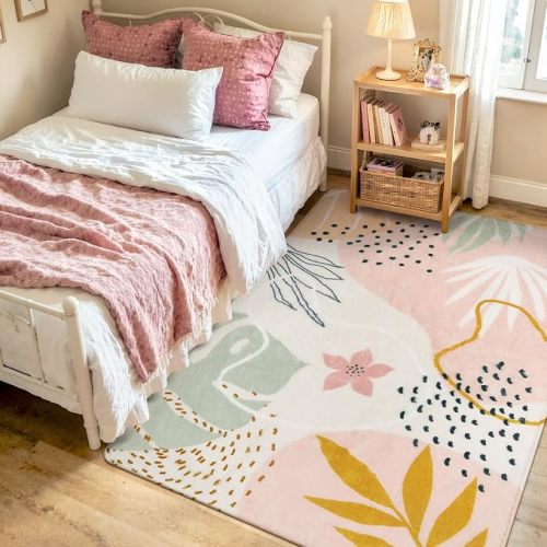 Lahome Pink Boho Bedroom Rug 5x7, Washable Non Slip Soft Botanical Area Rug for Girls Bedroom Kids Room Cozy Nursery Toddler Living Room Apartment Decor