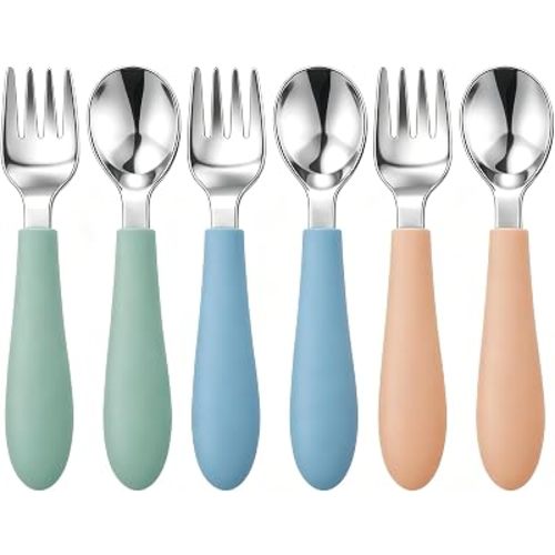 Pimoys 6 Pieces Toddler Utensils, Kids Forks and Spoons with Silicone Handle, Stainless Steel Toddler Silverware Set, Dishwasher Safe