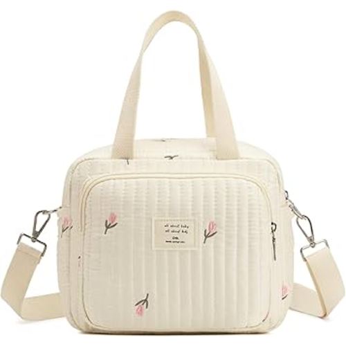 Small Diaper Bag Tote, Crossbody Diaper Bag Mini Purse with 7 Pockets, Travel Baby Bag for boys & Girls, 2 Bottle pocket, Off white