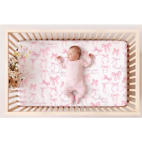 Pink Bows Crib Sheet Gift for Baby Girl Personalized Baby Shower Gift Coquette and Grandmillennial Style