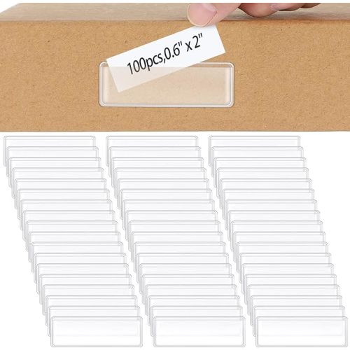 Jeyiour 100 Pcs Label Holders Adhesive Nameplate Pockets Storage Bin Labels Index Card Holder Shelf Plastic Peel Stick for Classroom Supermarket Bookshelf Library Student Box Drawer (3.6 x 2.9 Inch)