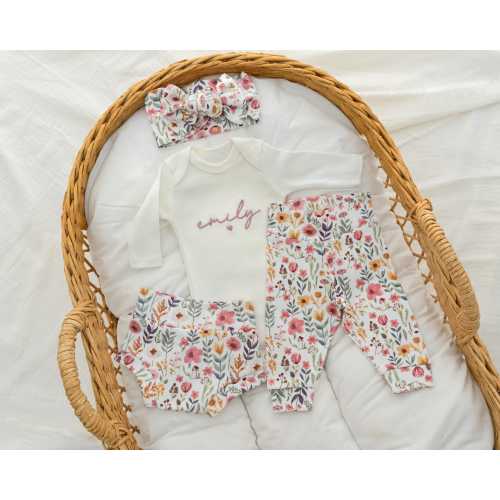 Newborn Baby Girl Outfit Floral Embroidered Baby Girl Hospital Outfit Personalized With Name Matching Set with Bow and Headband