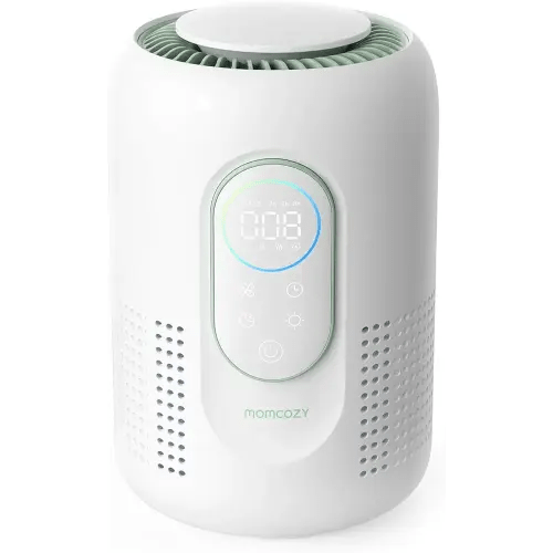 Momcozy Nursery Air Purifier, 4-Filter System with H13 HEPA & Carbon, Real-Time PM2.5 Air Quality Monitor & Display with 3-Color Status, Baby Air Purifier with 21 dB Sleep Mode, Dimmable Night Light
