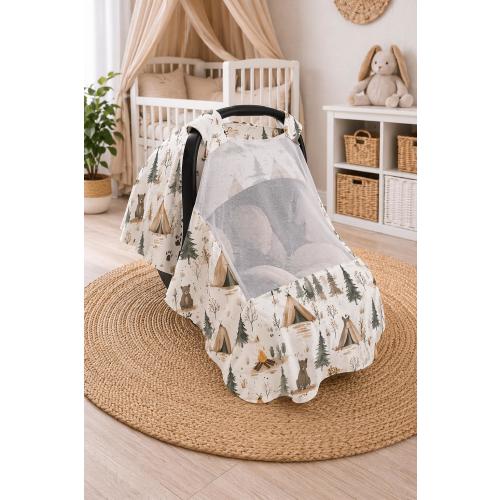 Baby Bear Camping Baby Boy Car Seat Cover With Mosquito Net-Baby Cover - infant car seat cover- Shower Gift