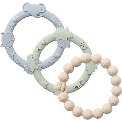Baby Teether Rings Silicone Teethers for Babies Multi Use Teething Toys for Infants Chew Toys Baby Teething Rings for Infant Boys and Girls 3 Pack-Blue