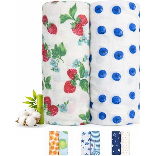 Bamboo Cotton Muslin Swaddle Blanket for Newborn Baby Girls, Breathable Soft Lightweight Receiving Blanket, Floral Strawberry Baby Swaddle, Extra Large Muslin Blanket 47x47, 2 Pack–Strawberry Garden