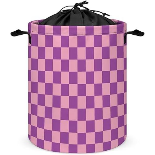 Large Laundry Hamper Bag, Checkered Pink and Purple Collapsible Laundry Basket with Drawstring Dirty Clothes Organizer Washing Bin for Family Essentials Storage