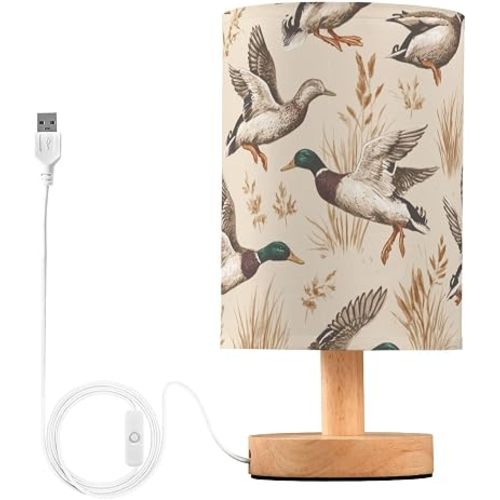 Vintage Animals Mallard Ducks LED Bedside Table Lamp with USB Port, Warm Night Light for Bedroom, Modern Nightstand Lamp for Reading, Study & Home Office