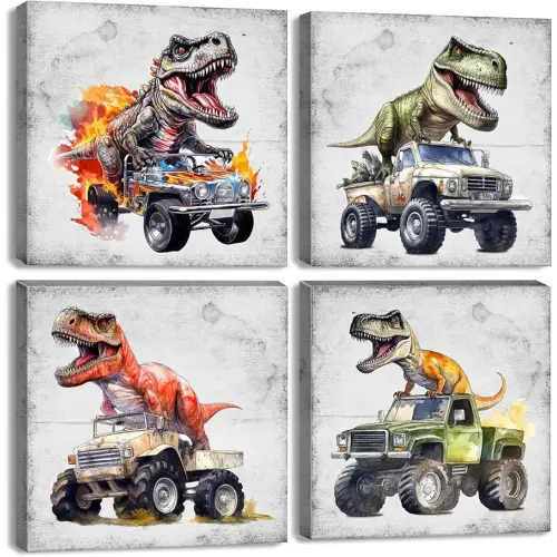 Retro Dinosaur Wall Art Dinosaur Room Decor for Boys Vintage Funny Car Pictures Kids Bedroom Playroom Wall Decor Cool Dino Posters Canvas Prints Bathroom Nursery Artwork Home Decorations 12x12” 4Pcs