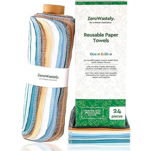 Reusable Paper Towels - Value Pack of 24 Paperless Paper Towels! - 100% Cotton, Super Soft, Absorbent, Washable and Made To Last