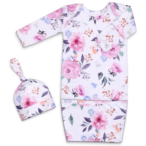 MVUOCR Baby Gown,Long Sleeve Newborn Sleepers for Baby Girl and Boy, Soft Infant Nightgowns with Bottom Fold-Over Pouch & Hat, Stuff Essential Outfit Purple Flower