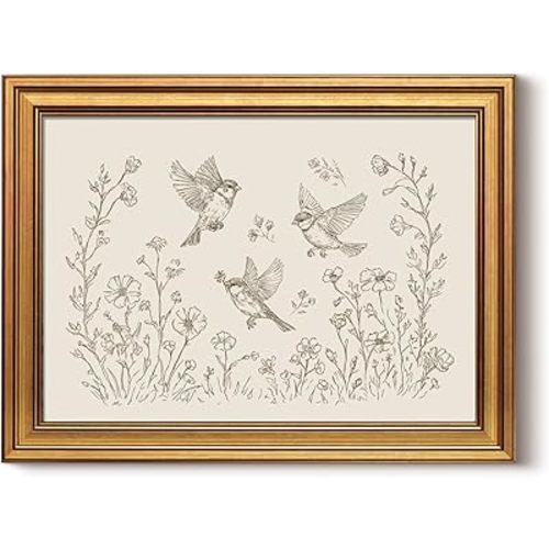 InSimSea Gold Framed Canvas Prints Wall Art, Vintage Nursery Decor, Birds in the Flowers Animal Line Paintings Wall Decor Aesthetic, Neutral Pictures for Bedroom Living Room Shelf, 12x16inch