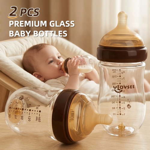 2 Pack Borosilicate Glass Baby Bottles, 8 oz Wide Neck Feeding Bottles with Medium Flow Silicone Nipples