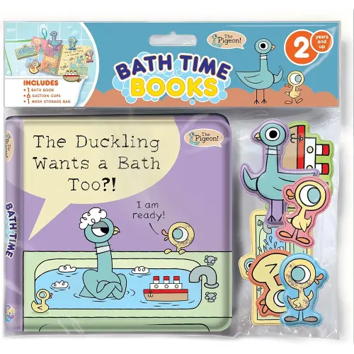 Hidden Pigeon Company Mo Willems Bath Time Books - Activity Books for kids, Bath book, 6 Padded suction cups, 1 Mesh bag