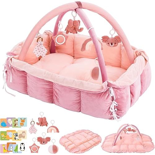 5-in-1 Baby Play Gym and Tummy Time Mat, 12 Learning Cards, Plush Activity Mat with 6 Toys, Baby Gym, Convertible to Ball Pit, Baby Gift, Light Pink
