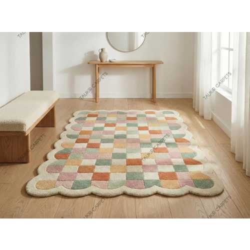 Pastel Checkerboard Rug with Scalloped Edge | Hand Tufted blush pink, Wool Area Rug