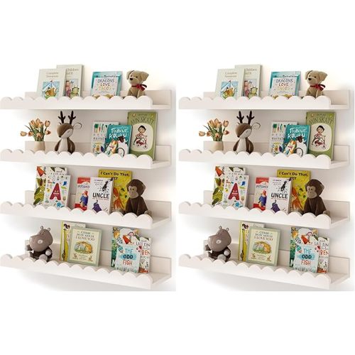 Shario Nursery Book Shelves, 4-Pack White Floating Shelves for Wall Kids, Scalloped Shelves, Wall Book Shelves for Bedroom Kids, Toddler Room, Baby Room, Nursery Decor