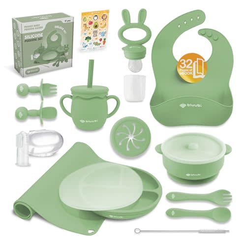 Silicone Baby Feeding Set - Infant Tableware for First Foods & Baby, Led Weaning (0+ Months), Easy to Clean, Durable, Perfect for Baby Boy or Girl, Solid Feeding - Olive - Deluxe