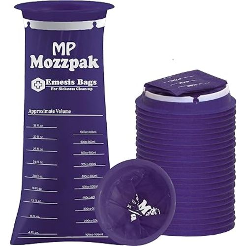 MP MOZZPAK Vomit Bags Disposable 24 Pack - 1000ml Emesis Bags, Leak-Proof Barf Bag, Travel Friendly Puke & Nausea Bag for Motion Sickness, Medical Grade Throw up Relief for Car, AirPlane, & Road Trip