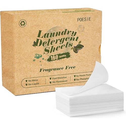 Poesie Laundry Detergent Sheets Fragrance Free Non-Plastic Precut Zero Waste 160 Count Liquidless Washing Strips for Home Dorm Travel Camping Hiking Portable