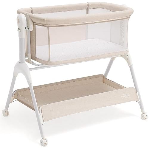 HARPPA Cuddly Baby Bassinet Bedside Sleeper, 3 in 1 Rocking Bassinet with Mattress and Soft Cover, Full Mesh Sides, 5 Height Adjustable with Wheels for Newborns