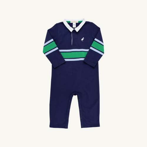 Sir Proper's Rugby Romper - Navy with Blue & Green Stripe