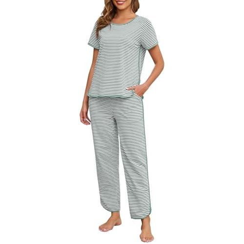 Womens Pajama Sets Cotton 2 Piece Lounge Set Stripe Short Sleeve Pj Set Comfy Loungewear Sleepwear with Pockets