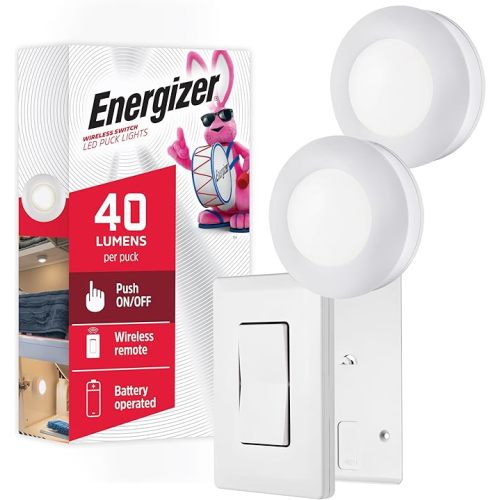 Energizer LED Puck Lights, Wall Switch Remote, 2 Pack, Battery Operated, Under Cabinet Lighting, Wireless Lights, 50 ft Range, Perfect for Kitchen Under Cabinet, Laundry Room, and More, 58822-T1