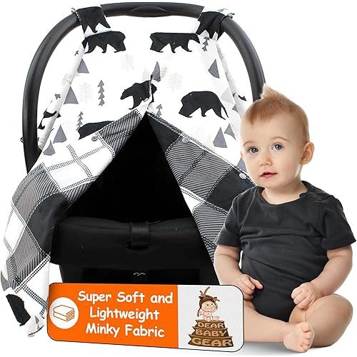 Dear Baby Gear Car Seat Cover for Boys & Girls - Baby Carseat Canopy w/Snap Opening - Infant Seat Cover - Stroller & Nursing Covers - Newborn Carrier Canopy - 40x30 (Black Bears, Black & Grey Plaid)
