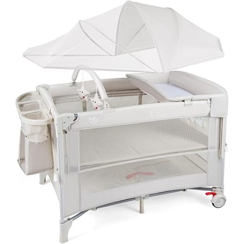 BABY JOY 5-in-1 Pack and Play with Canopy, 4 Level Heights Baby Bedside Sleeper w/Bassinet, U-Shaped Changing Table, Safety Strap, Side Zipper, Portable Bedside Crib Playard from Newborn to Toddlers