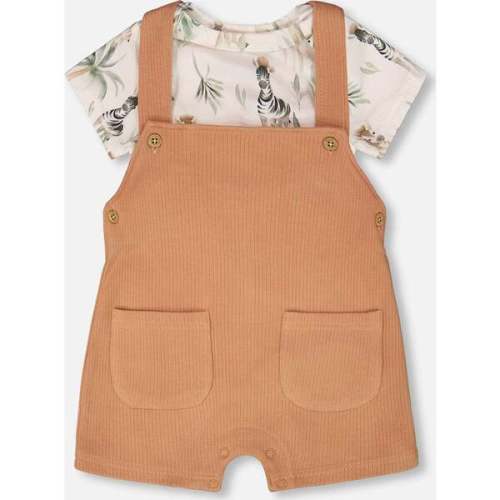 Organic Cotton Jersey T-Shirt And Cotton Rib Pants Set, Beige Zebra Print & Caramel - Deux par Deux | Maisonette