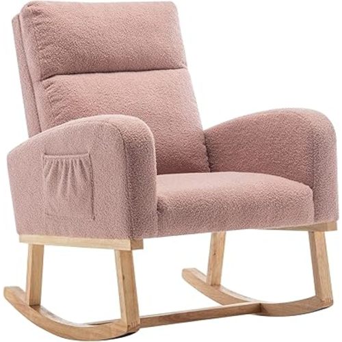 Rocking Chair Nursery, Teddy Fabric Uplostered Rocking Chair Nursery with Side Pocket, Comfy High Backrest Rocker for Mom with Extended Legs for Living Room Bedroom, Pink