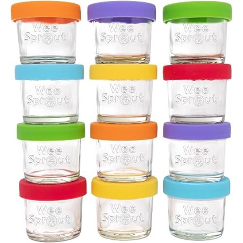 WeeSprout Glass Baby Food Storage Jars with Silicone Lids (4 oz, 12 Pack Set) Snack, Puree, Reusable Small Containers, Breast Milk, Fridge or Freezer, Essential Must Have for Infants