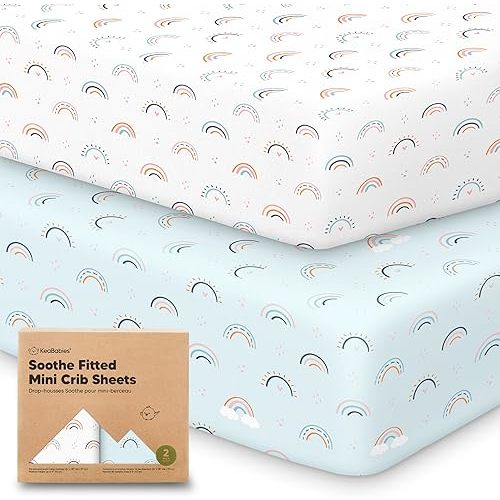 2-Pack Mini Crib Sheets Fitted - 38x26 Pack N Play Sheets for Pack and Play Mattress, Organic Cotton, Soft & Breathable Playard Bedding, Neutral Mini Toddler Bed Cover for Boys, Girls (Jolly Rainbow)