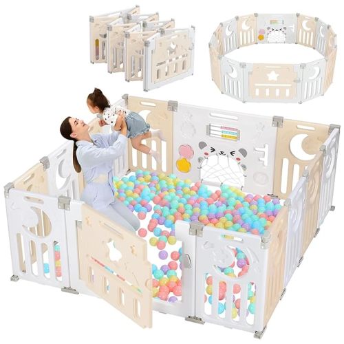 Baby Playpen, Dripex Baby Playard for Babies and Toddlers, 14-Panel Foldable Playpen Adjustable Portable Play Area, Indoor/Outdoor Kids Active Center with Game Panel & Safety Gate, Yellow White