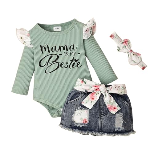 CETEPY Baby Girl Clothes Newborn Long Sleeve Ruffle Romper Short Skirt Jeans Pants Leporad Headband Infant Outfits