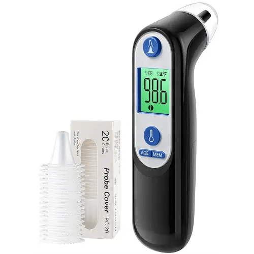 Ear Thermometer for Kids, Babies and Adults, 1 Second Accurate Digital Thermometer, Mute Function, 3-Color Fever Alert, 3 Age Groups, 30 Memory Recall with 20x Probe Covers (LCD-Black)