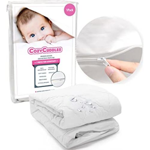 Premium Zippered Quilted Waterproof Crib Protector Cover - All 6-Sides Waterproof Fully Encasement - Standard Baby Crib Toddler Bedding (52" x 28"), White, CC-01