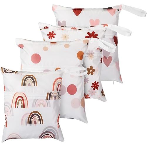 Frienda 4 Pieces Wet Dry Bag for Baby Waterproof Reusable Washable Diaper Bag Sealed with Handle for Travel, Beach, Swimsuit, Diapers, Dirty Gym Clothes and Toiletries (Boho)
