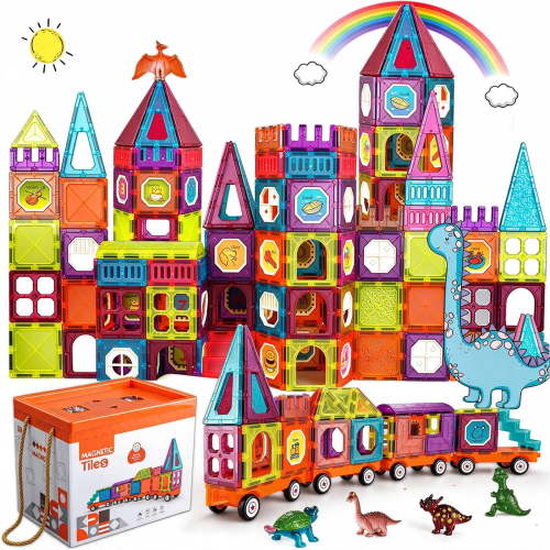BUBUQE Magnetic Tiles Building Blocks with 4 Cars Magnet Train Set for Kids Construction Stem Toy for Girls Boys Toddlers